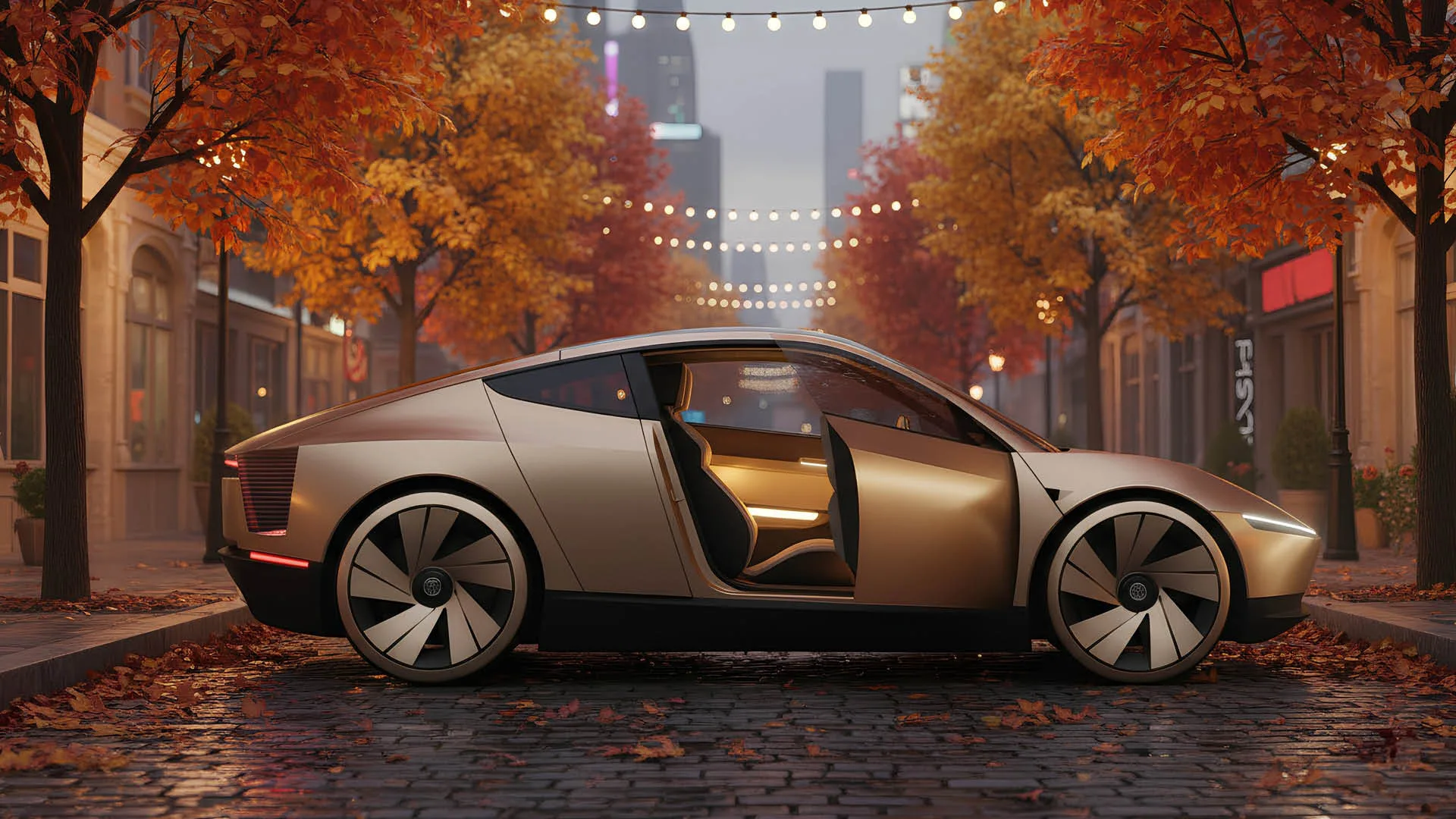 Une citadine électrique moderne et abordable, de couleur vive, circulant dans une rue urbaine animée en 2026, symbolisant la démocratisation des véhicules électriques.