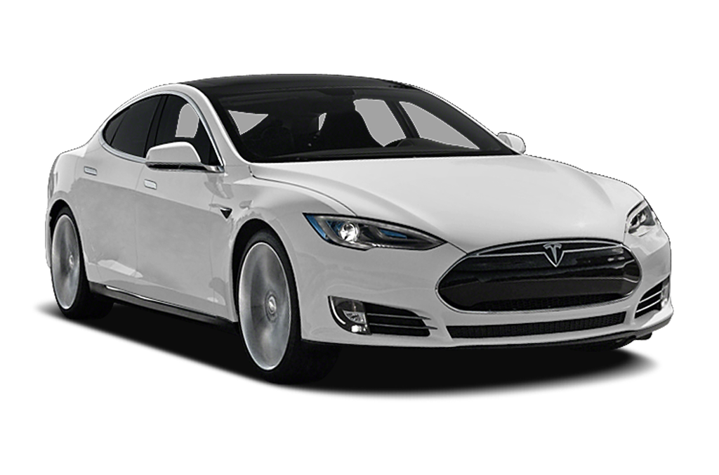 Une Tesla Model S de première génération, vue de trois quarts avant, garée dans un environnement urbain moderne.