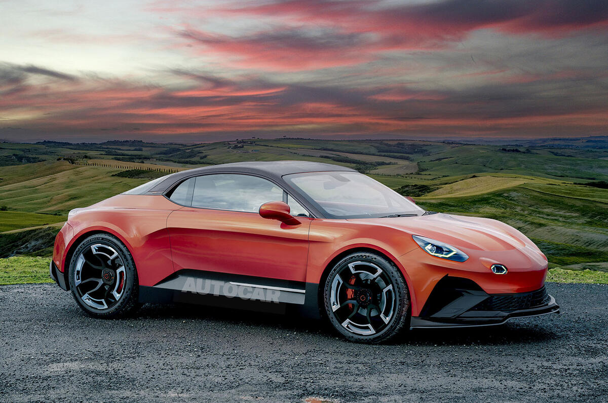 Une Alpine A110 électrique bleue roulant sur une route côtière au coucher du soleil.