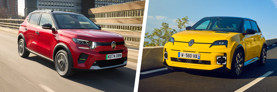 Trois voitures électriques compactes et modernes, la Renault 5 E-Tech, la Volkswagen ID.2 et la Citroën ë-C3, garées en ville.