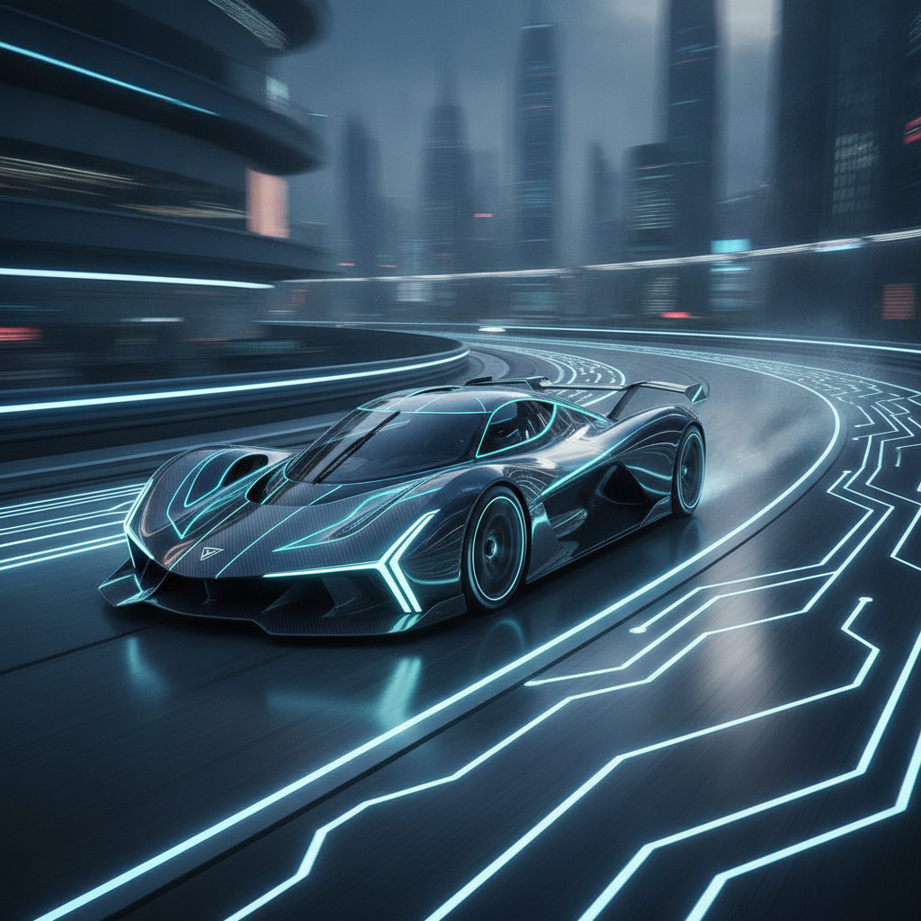 Image d'une hypercar électrique futuriste de 2026 sur un circuit, avec des lignes aérodynamiques et des accents lumineux, symbolisant la puissance et la vitesse de l'électrification.