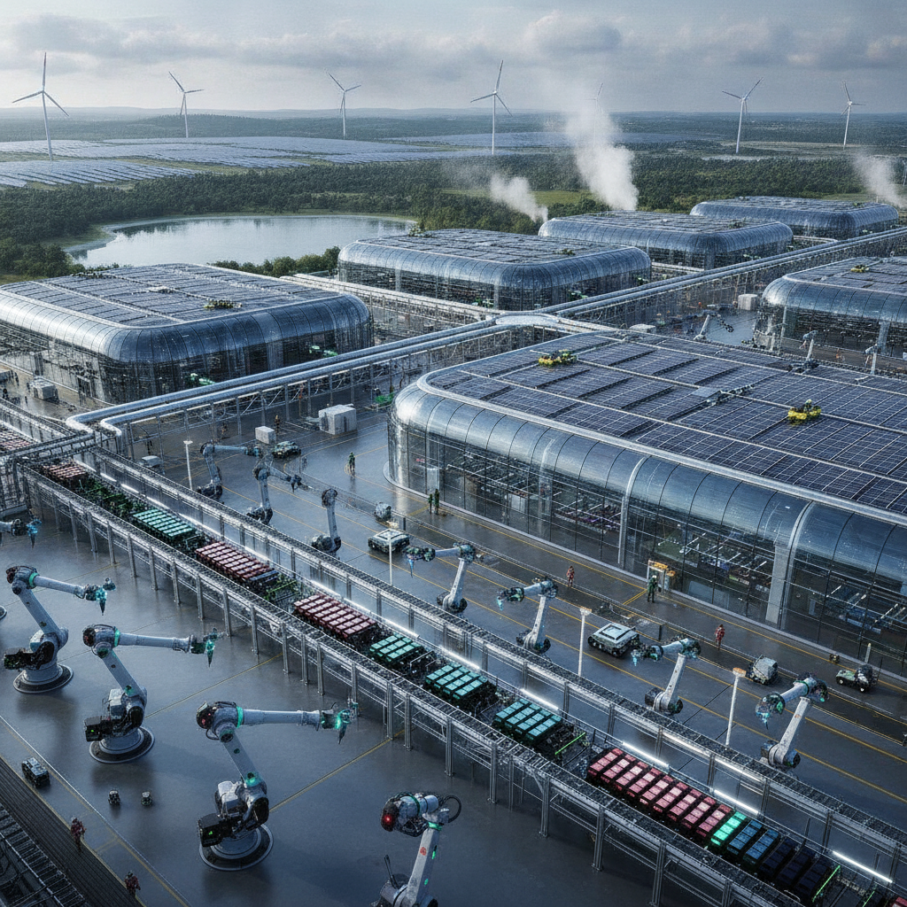 Vue aérienne d'une immense gigafactory européenne, avec des panneaux solaires et des éoliennes, produisant des batteries pour véhicules électriques, illustrant l'effort industriel pour la transition énergétique.