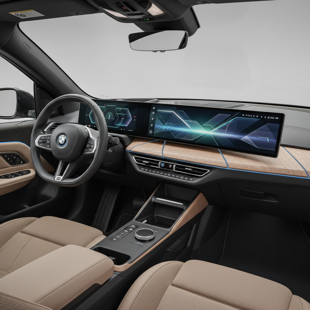 Vue de l'intérieur de la BMW i3 2026, montrant le tableau de bord futuriste avec un grand écran panoramique iDrive et des finitions intérieures de luxe.