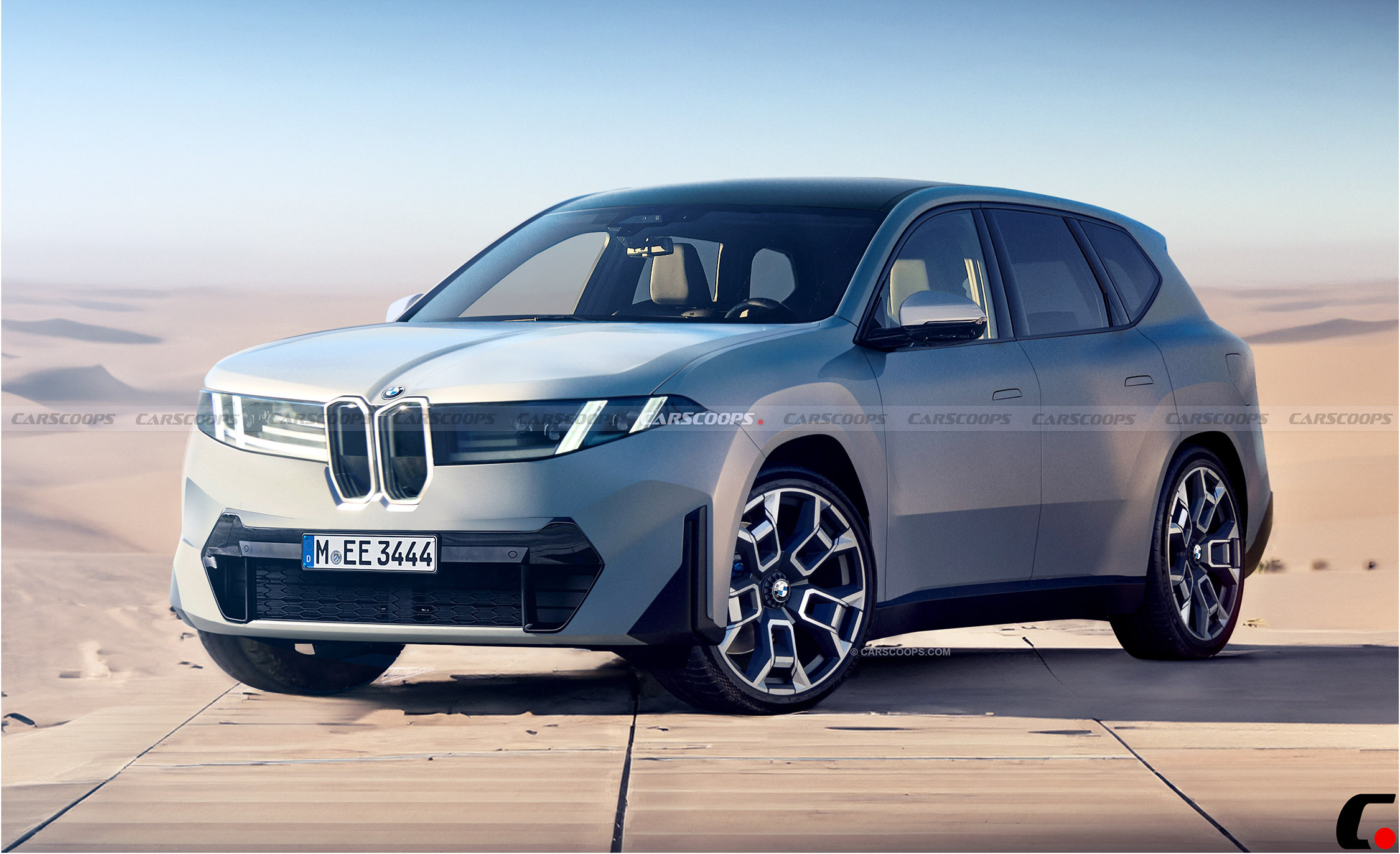 Un SUV électrique BMW iX3 bleu métallisé garé dans une rue de ville au crépuscule, avec des lumières ambiantes reflétant sur sa carrosserie.