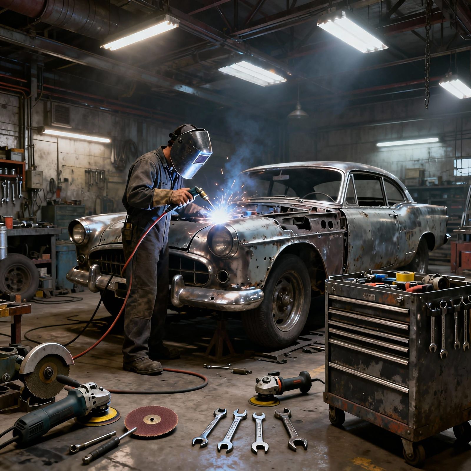 Mains d'un mécanicien, sales et concentrées, essayant de dévisser un boulon rouillé sur le moteur d'une vieille voiture.