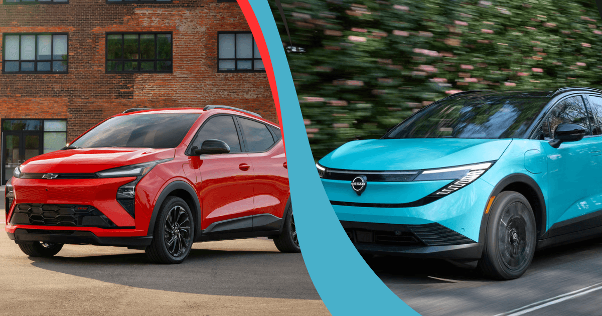 La Nissan Leaf S+ 2026 et la Chevrolet Bolt 2027, deux voitures électriques abordables, présentées côte à côte.