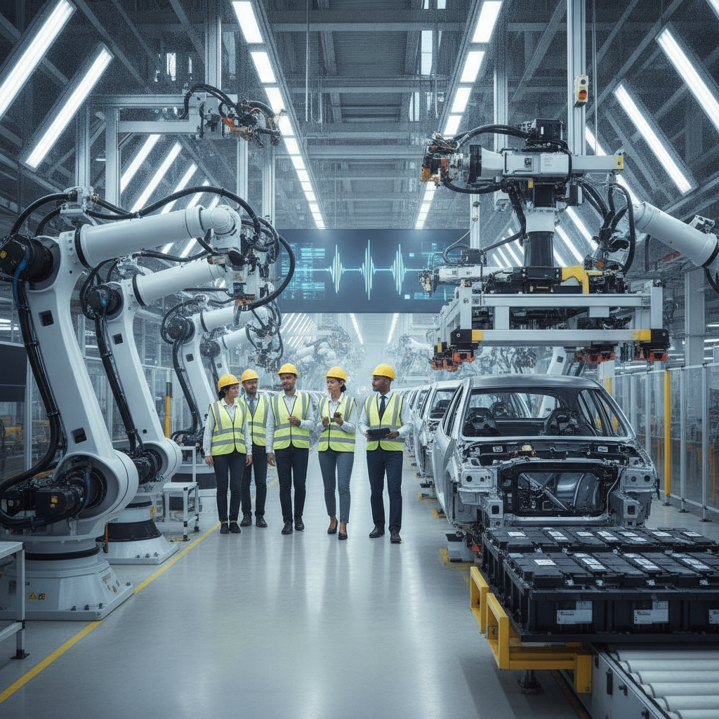 Vue intérieure d'une usine de fabrication de voitures électriques en Europe, avec des robots et des ouvriers assemblant des véhicules.