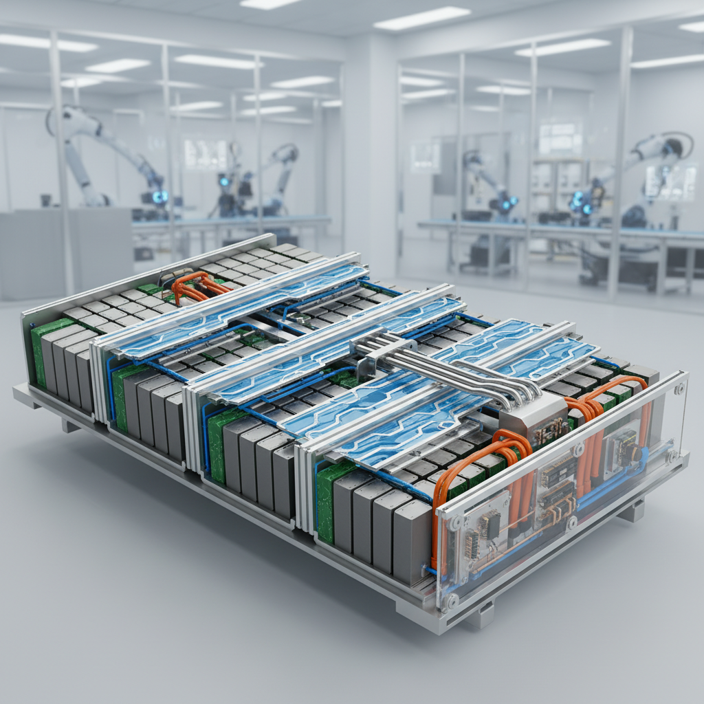 Vue éclatée d'un pack de batteries LFP de voiture électrique, montrant les cellules et le système de refroidissement.