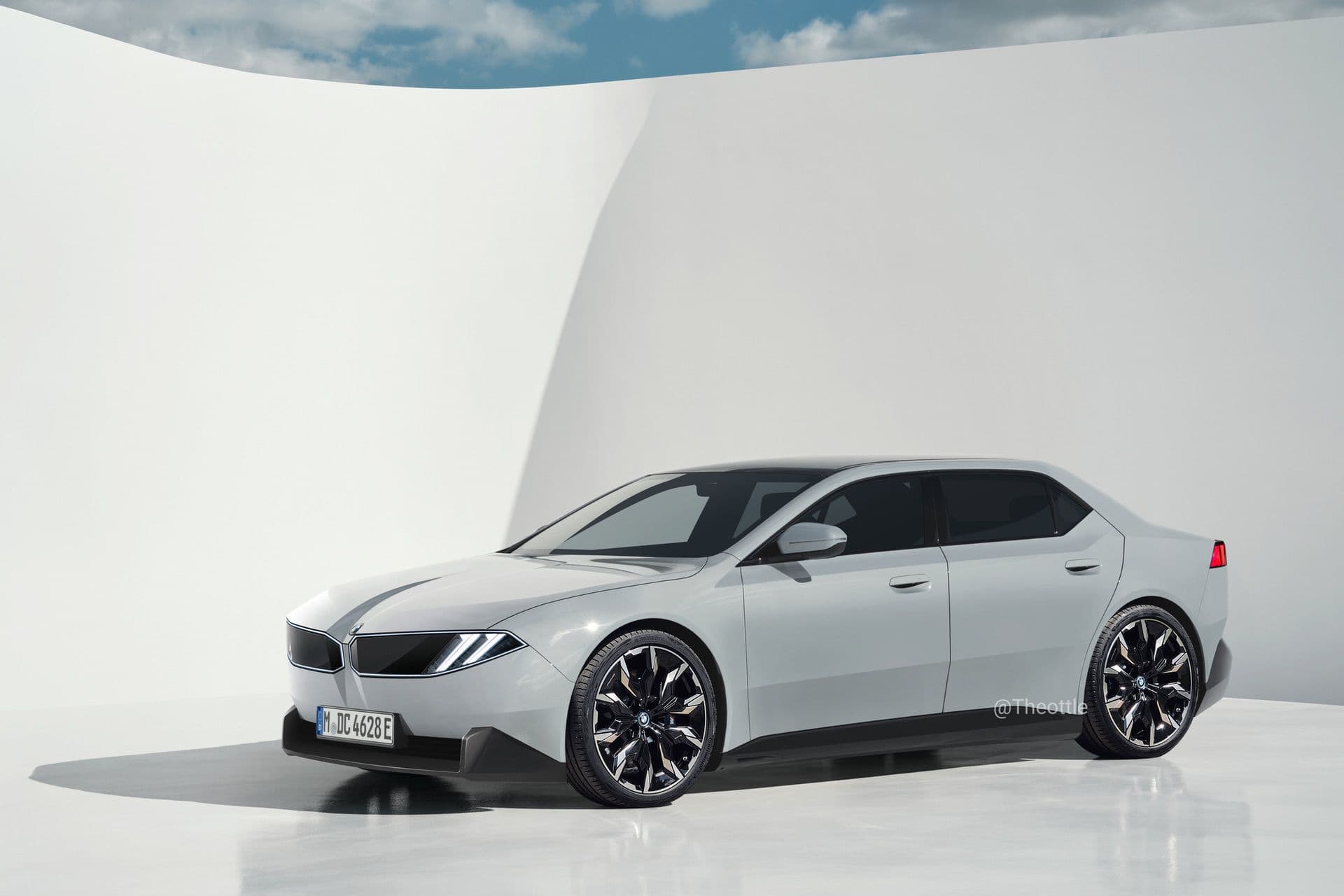 Vue latérale d'une BMW i3 2026 futuriste et élégante, de couleur argentée, garée sur une plateforme de recharge lumineuse.