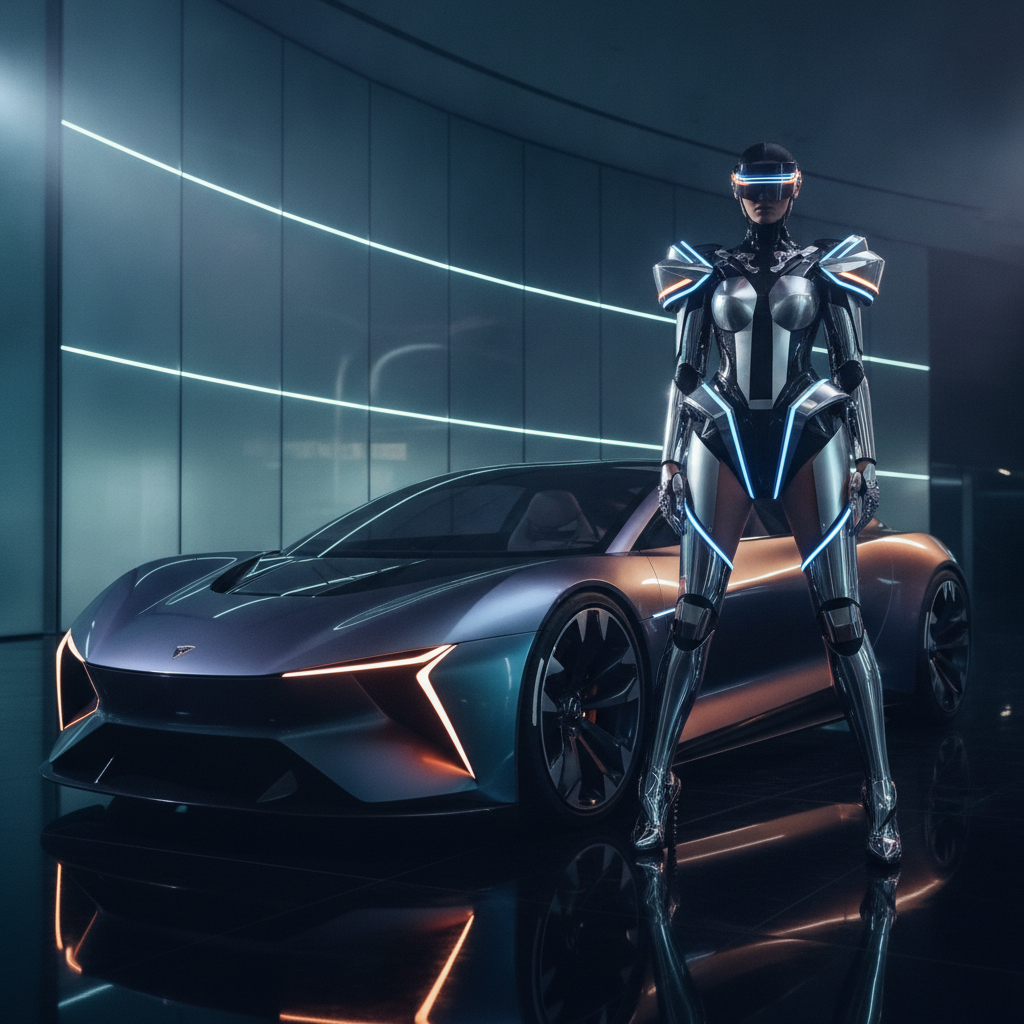 Une mannequin vêtue de haute couture futuriste posant à côté d'une voiture de sport de luxe, illustrant la fusion entre la mode et l'automobile.