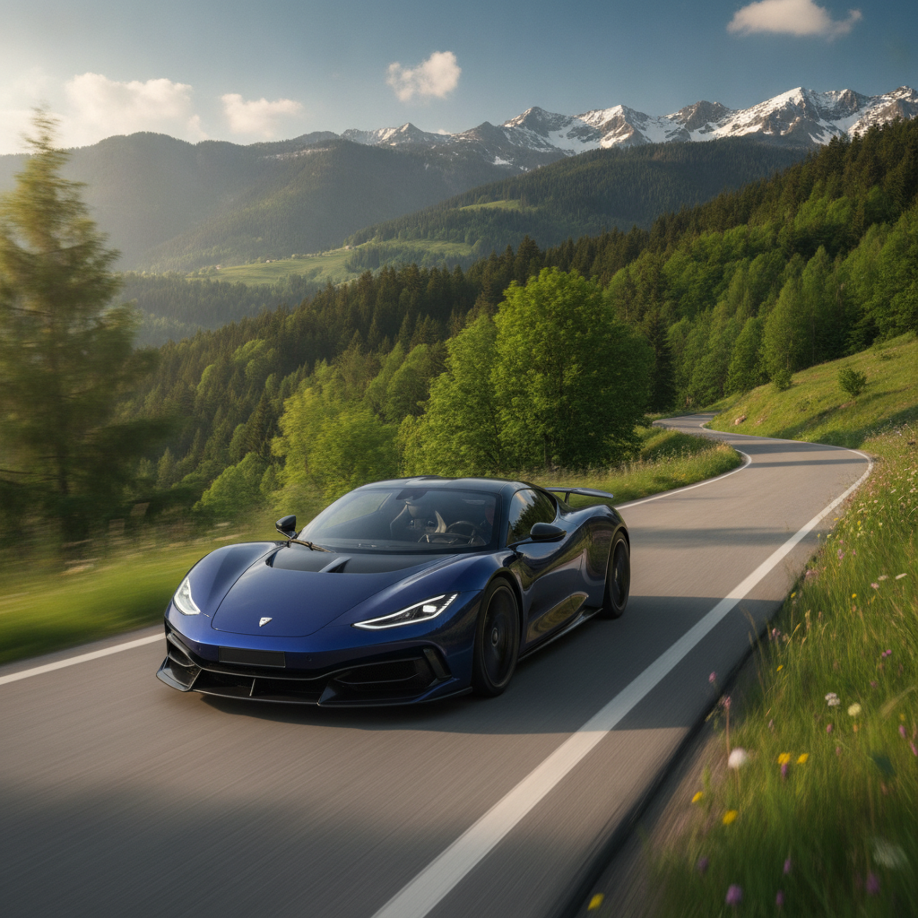 Une supercar électrique roulant sur une route de montagne sinueuse, avec un paysage verdoyant en arrière-plan, symbolisant le luxe durable.