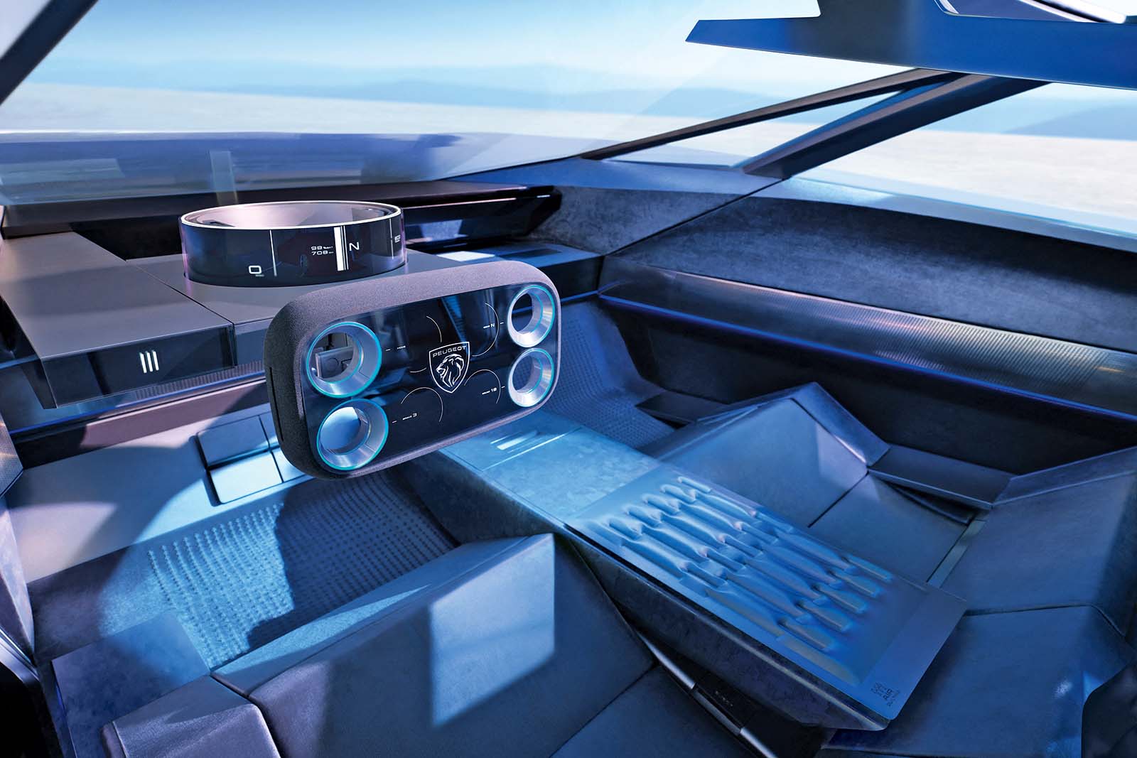 L'intérieur d'une Peugeot E-208 de 2026, mettant en évidence un volant futuriste de forme carrée, le 'hypersquare'.