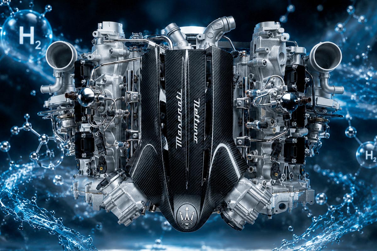 Vue détaillée d'un moteur Maserati V6 Nettuno modifié pour l'hydrogène, avec des composants internes visibles et des accents bleus.