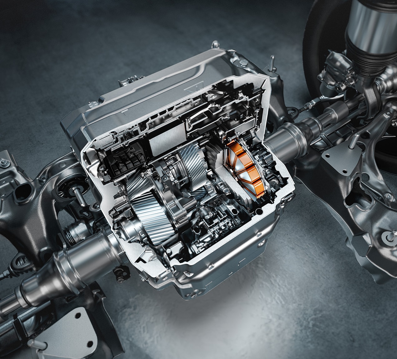 Gros plan détaillé du moteur V8 biturbo et du système hybride du Coupé 4 portes Mercedes-AMG GT, montrant la technologie de pointe.