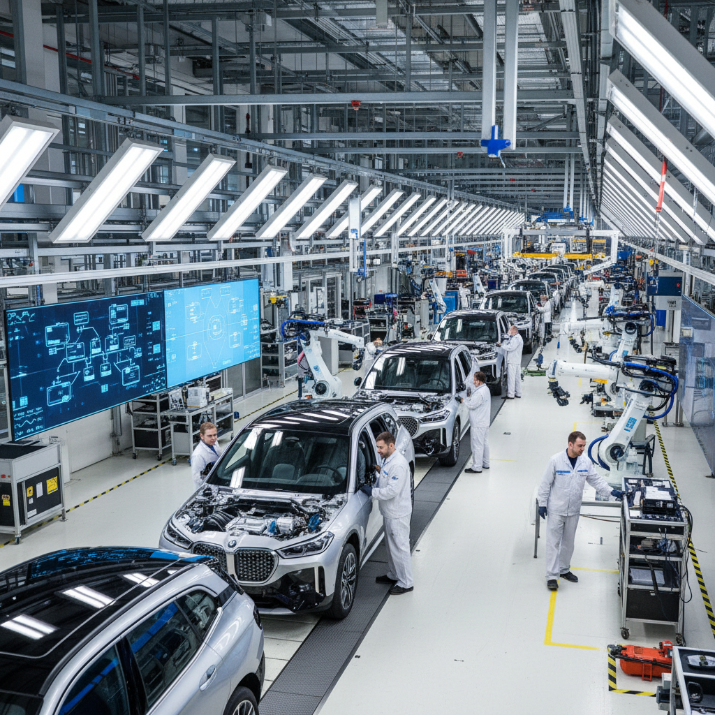 Vue d'ensemble d'une ligne de production automobile moderne avec des véhicules BMW iX1 en cours d'assemblage.