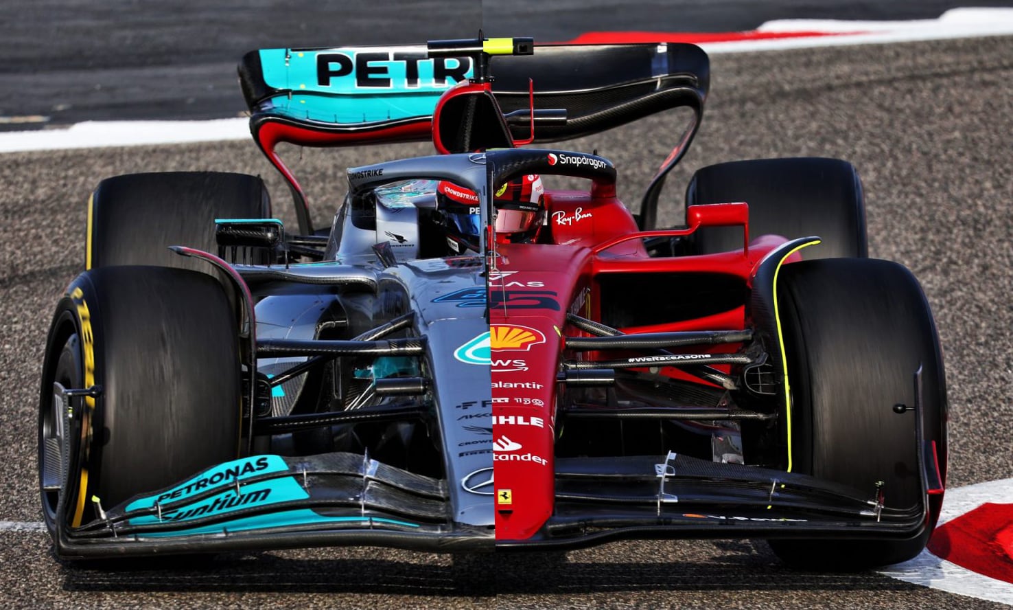 Une voiture de Formule 1 Mercedes argentée et une voiture de Formule 1 Ferrari rouge côte à côte sur une piste de course.