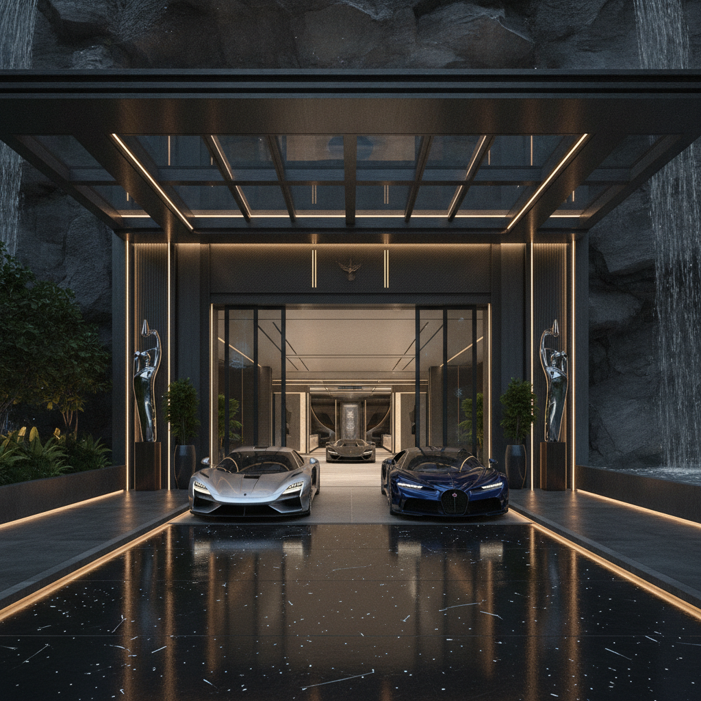 Une image représentant une entrée de club privé pour hypercars, avec un design moderne et des lumières tamisées, suggérant un lieu très exclusif.