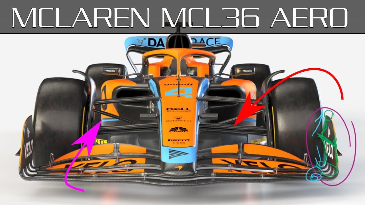 Gros plan sur les éléments aérodynamiques complexes d'une voiture de Formule 1 McLaren, y compris les ailerons et le diffuseur.
