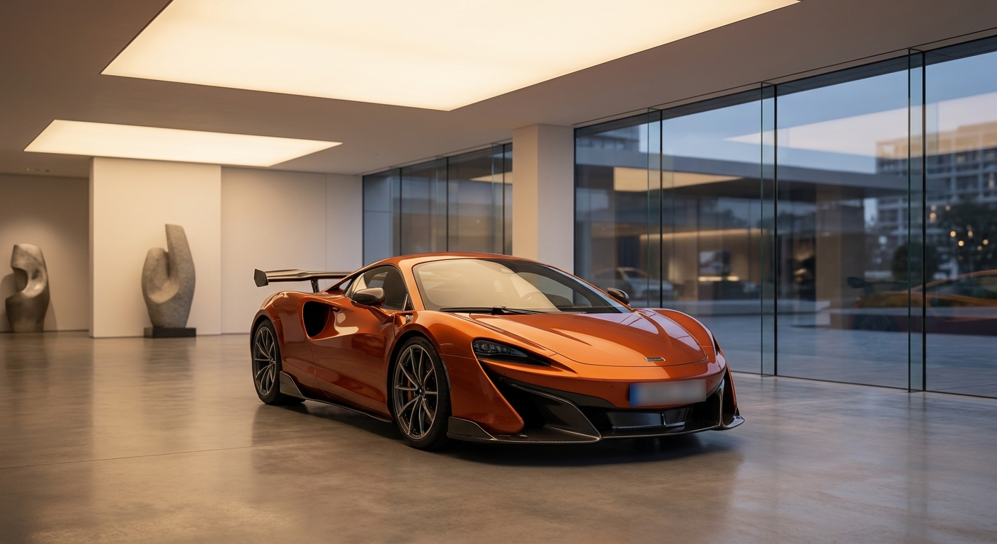 Une McLaren 2024 garée dans un showroom, illustrant la performance et l'exclusivité de la marque.