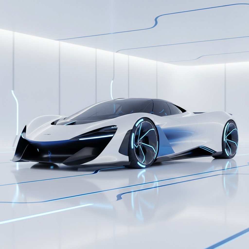 Image conceptuelle d'une supercar électrique McLaren, présentant des lignes futuristes et une esthétique épurée.