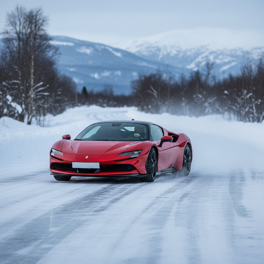 Une supercar rouge effectuant un virage contrôlé sur une route glacée, illustrant une technique de pilotage adaptée à l'hiver.