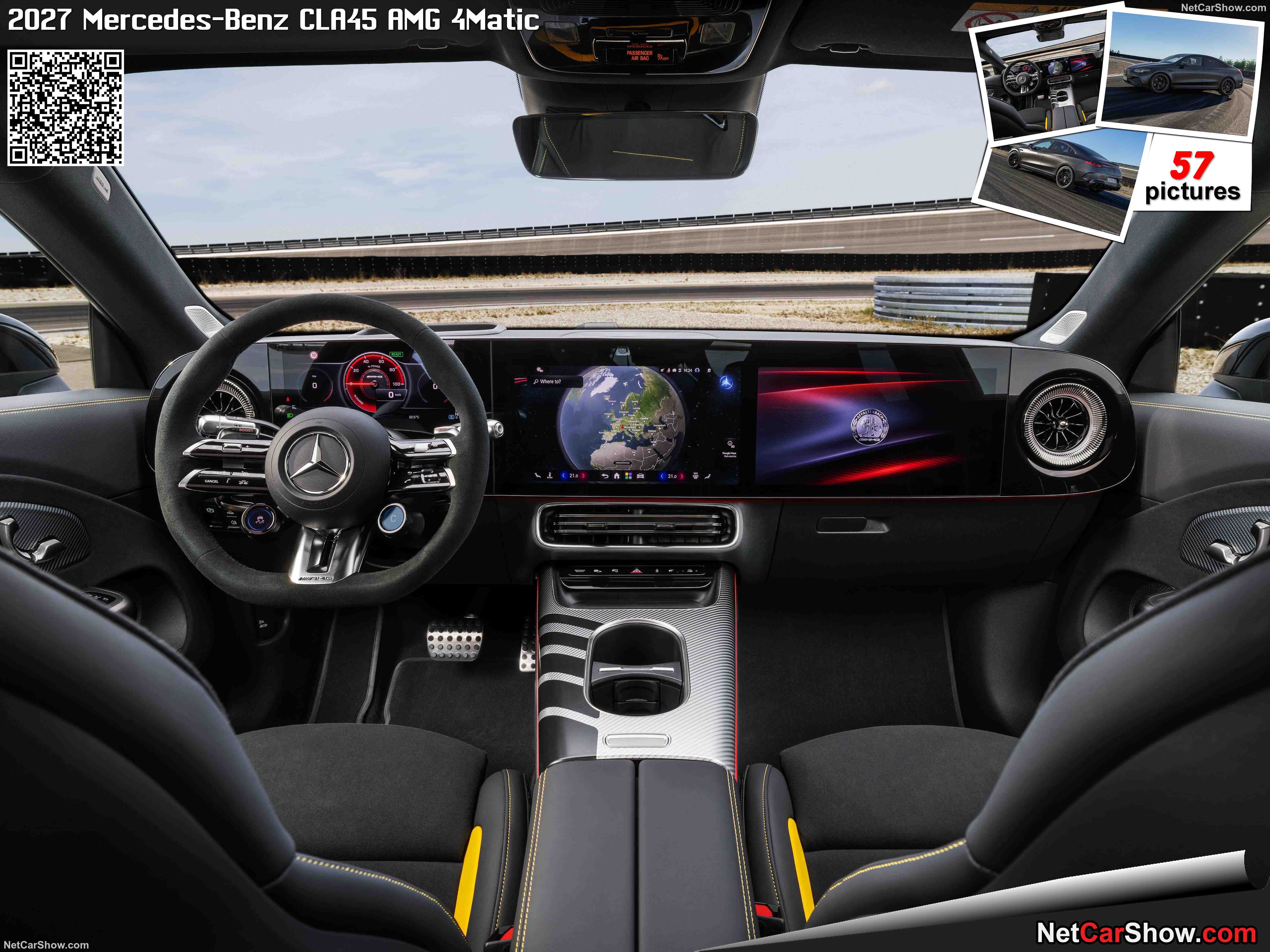 Intérieur de la Mercedes-AMG CLA 45 4MATIC+ montrant le système MBUX avec un grand écran et une interface personnalisable.