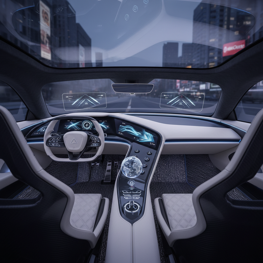 Intérieur futuriste d'un concept car de supercar électrique, avec des écrans numériques et des commandes tactiles.