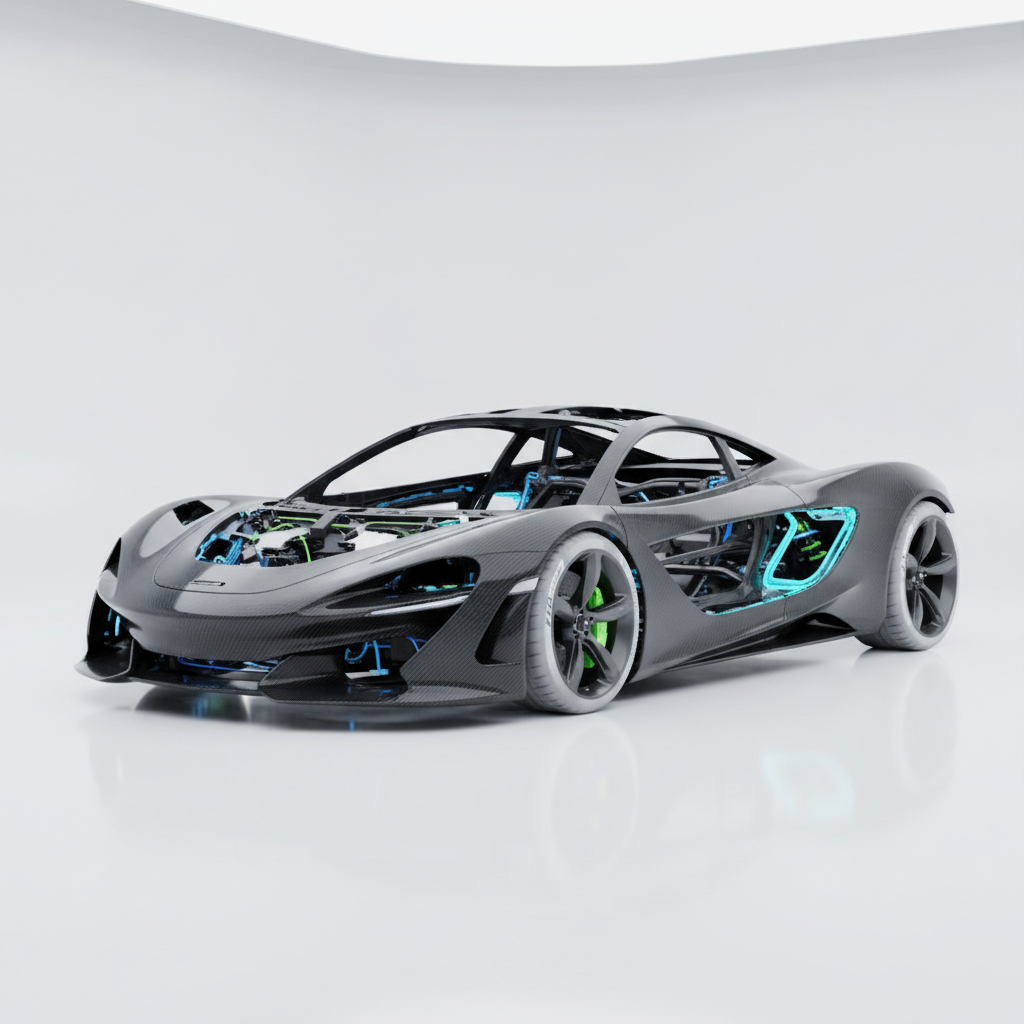Image d'un châssis de supercar McLaren futuriste en fibre de carbone, illustrant la légèreté et la durabilité.