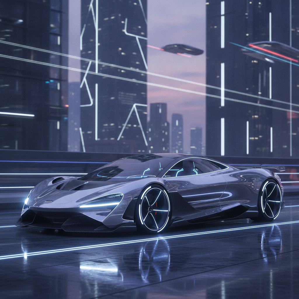 Un concept de supercar électrique McLaren, avec des lignes futuristes et des accents lumineux bleus, symbolisant la transition vers l'électrique.