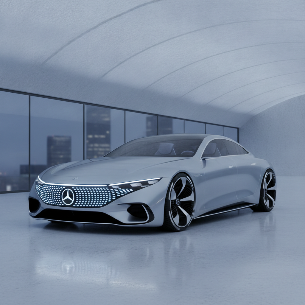 Un concept-car futuriste de la Mercedes-Benz CLA électrique, avec un design épuré et des éléments lumineux.