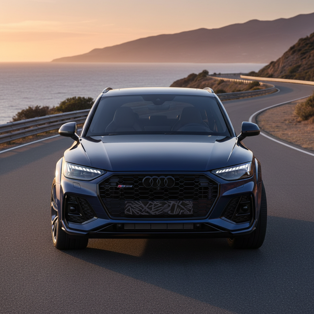 Vue avant d'une Audi RS Q5 2026 grise, mettant en évidence sa calandre agressive et ses phares LED.