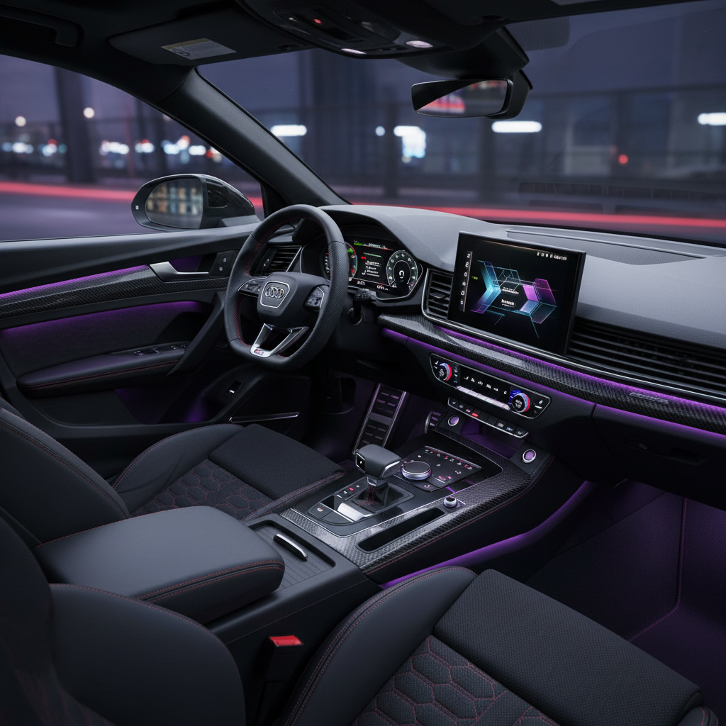 Intérieur d'une Audi RS Q5 2026 avec des écrans numériques, des sièges sport et un éclairage d'ambiance.