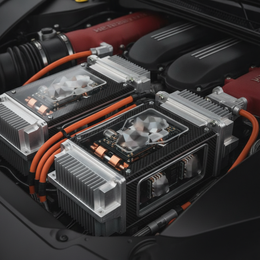 Image rapprochée du système d'onduleur d'une Ferrari SF90 Stradale, montrant les composants électroniques et les câbles.
