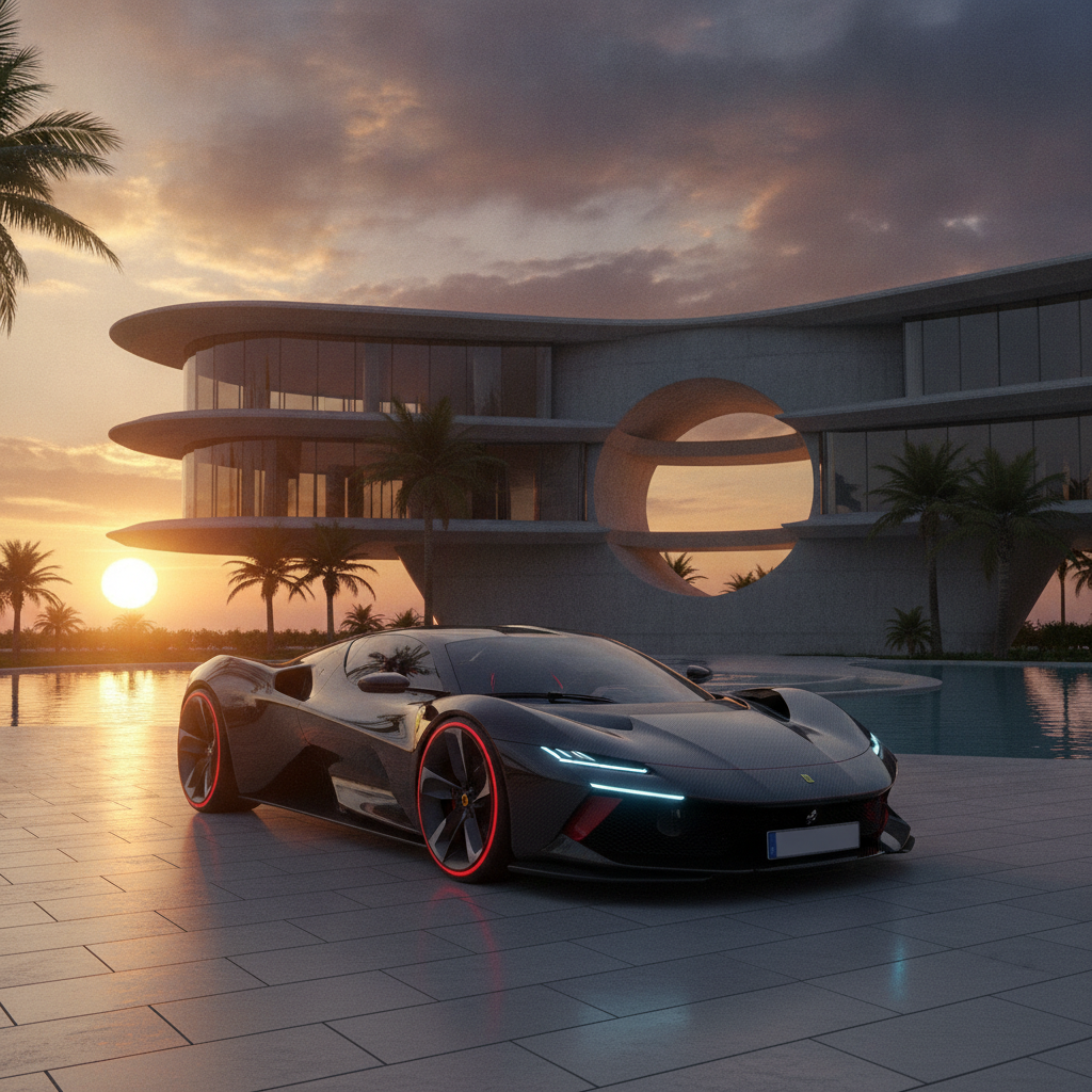 Une Ferrari Luce 2026, d'un rouge éclatant, garée devant un bâtiment moderne aux lignes épurées, sous un coucher de soleil.