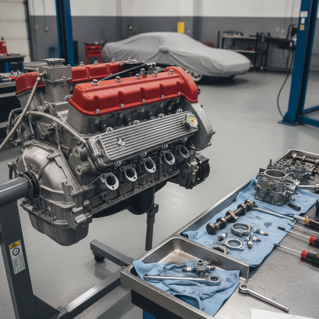 Gros plan sur le moteur V8 d'une Ferrari 308 GTS en cours de restauration, avec des outils et des pièces.