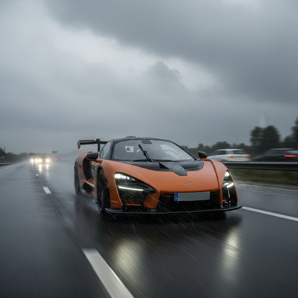 Une McLaren roulant sur une autoroute sous une pluie battante, les phares allumés et de la pulvérisation provenant des pneus.