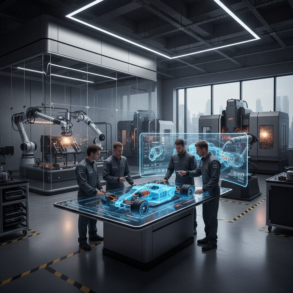 Vue intérieure d'une usine McLaren F1 moderne, avec des ingénieurs examinant des composants de voiture et des écrans d'ordinateur.