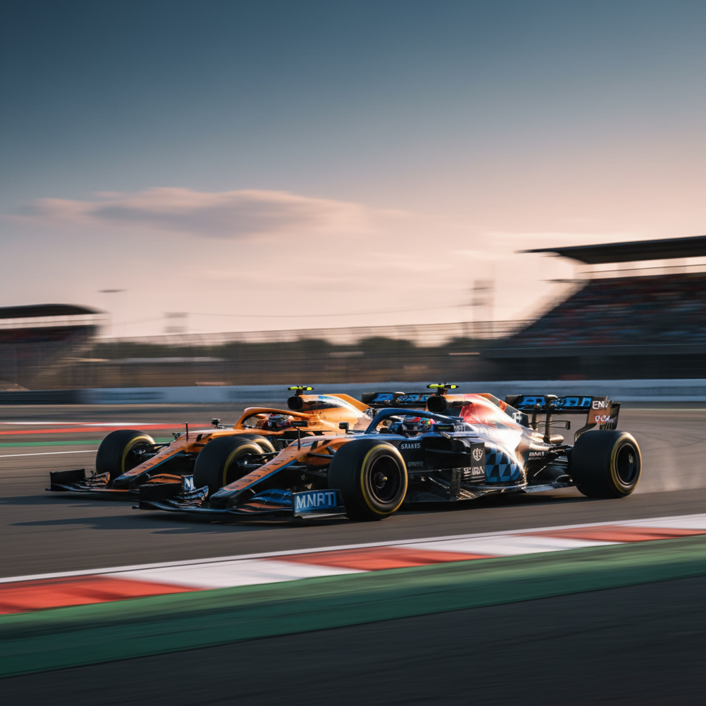 Deux voitures de Formule 1, dont une McLaren, en pleine course, illustrant la compétition.