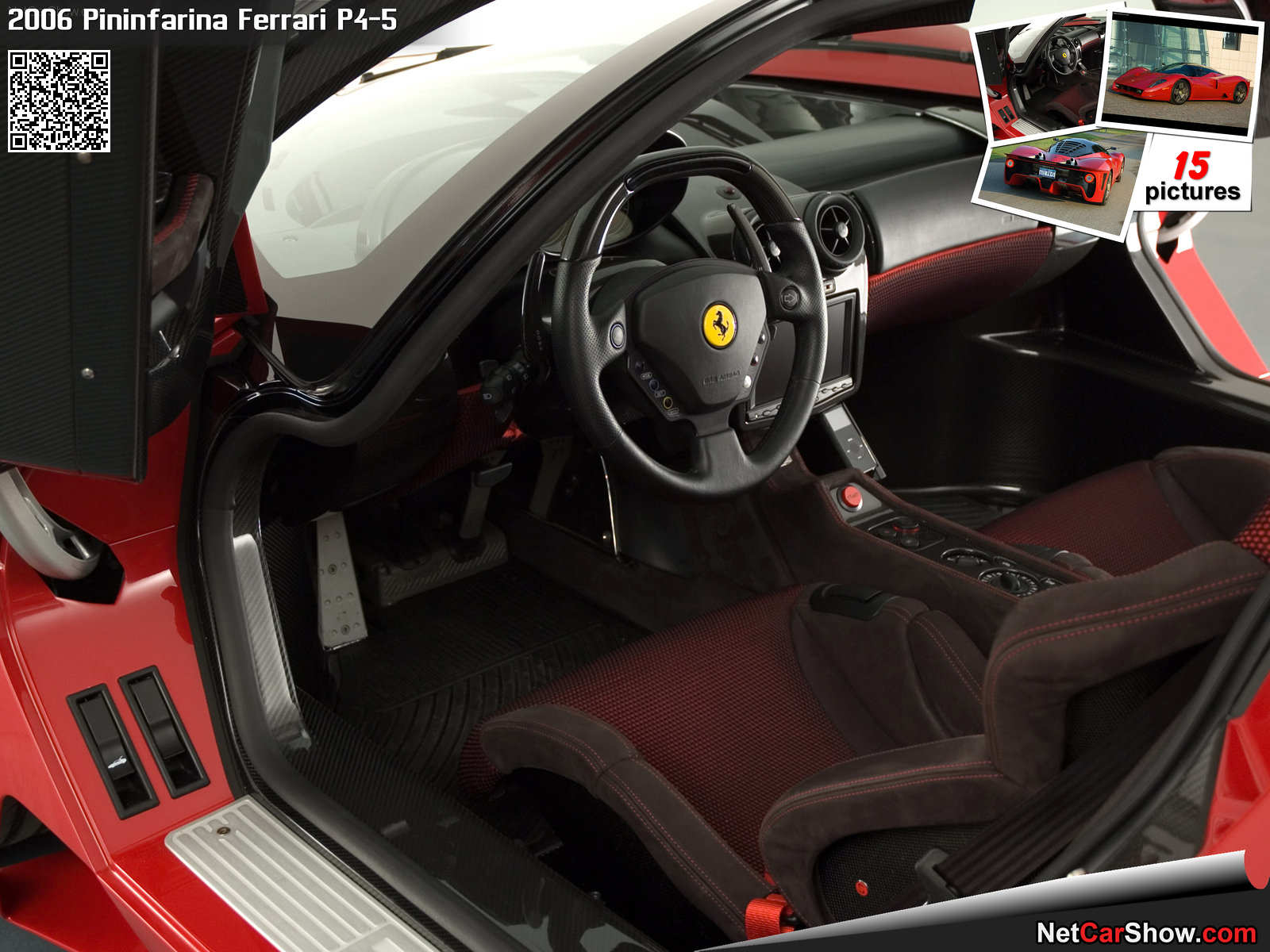 Intérieur de la Ferrari P4/5 by Pininfarina, montrant le tableau de bord personnalisé, les sièges sport et les détails intérieurs.