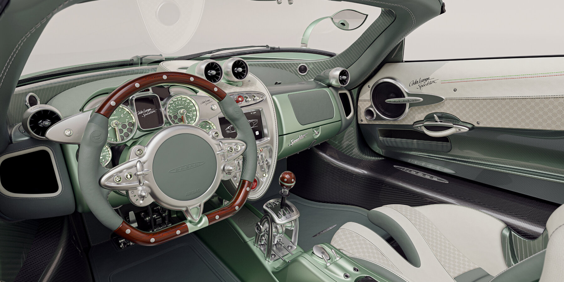 Intérieur détaillé d'une Pagani Huayra Codalunga Speedster, montrant le tableau de bord en fibre de carbone, les sièges en cuir sur mesure et le volant sophistiqué.