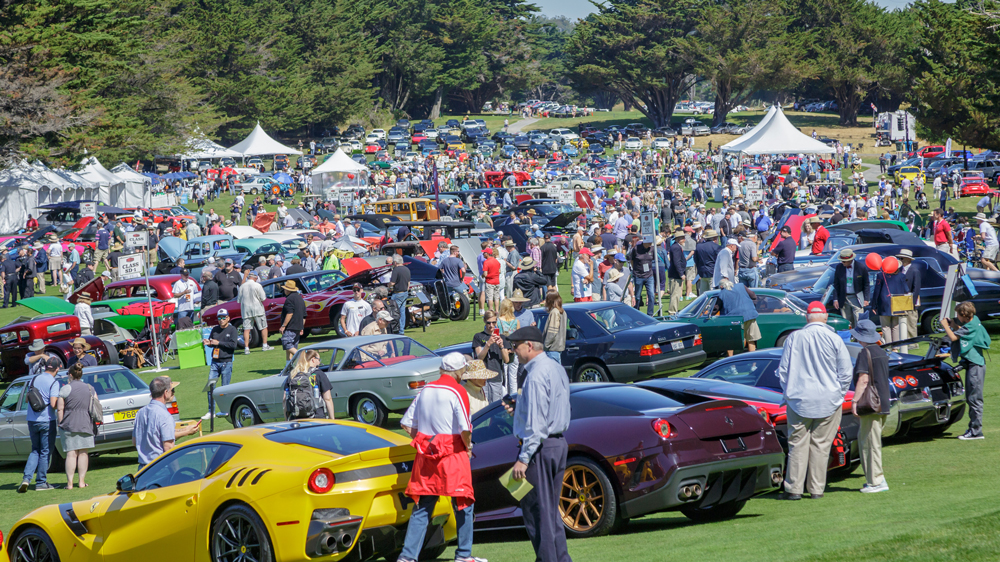 Photographie d'un rassemblement de supercars rares et classiques de différentes époques, garées sur une pelouse verte lors du Concours d'Élégance de Hillsborough.