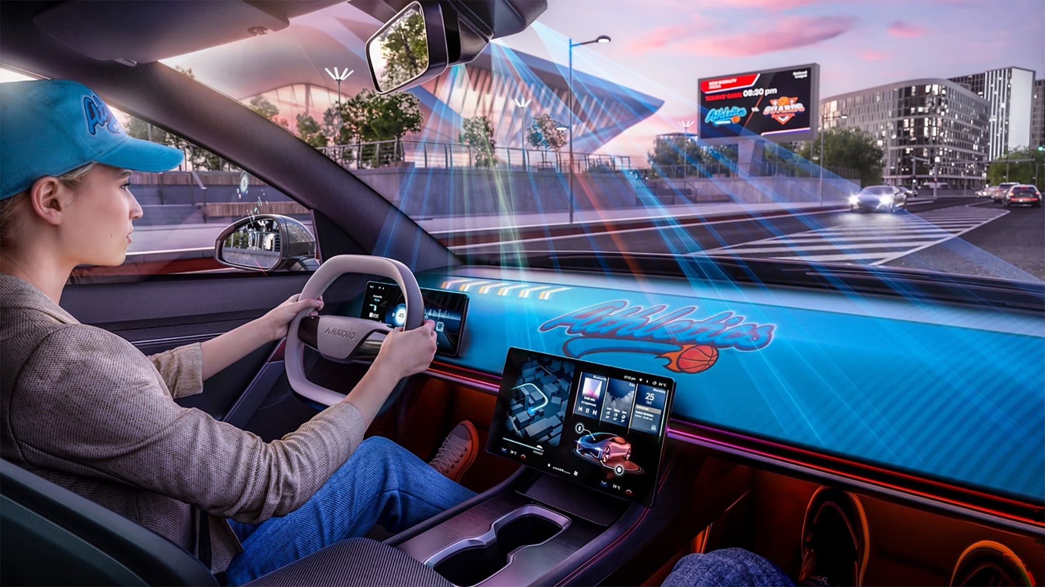 Intérieur futuriste d'une supercar de 2026, montrant un tableau de bord numérique et des commandes ergonomiques, symbolisant l'adaptation de l'IA au conducteur.