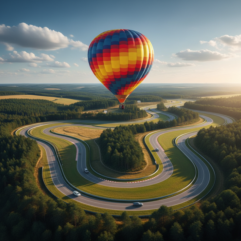 Une montgolfière colorée survolant un paysage vallonné et verdoyant, avec des routes sinueuses en contrebas, sous un ciel bleu clair.