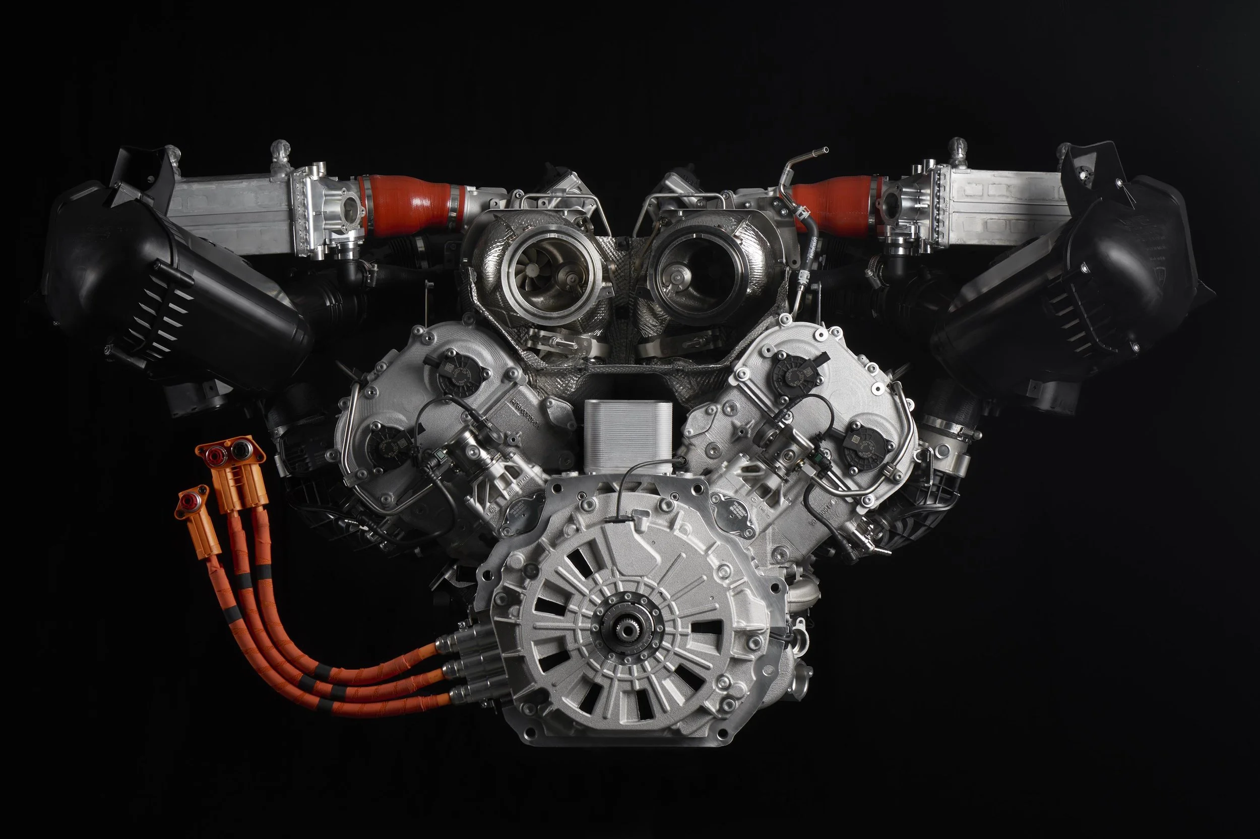 Vue détaillée du moteur hybride V8 biturbo de la Lamborghini Temerario.
