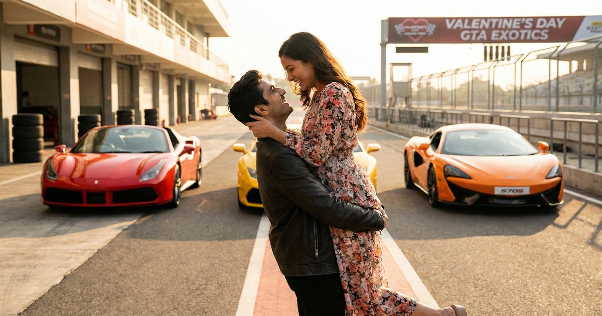 Un homme et une femme souriants dans une supercar rouge décapotable, conduisant sur une route sinueuse avec des paysages verdoyants en arrière-plan.