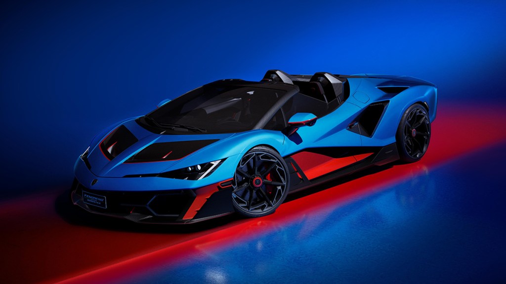 Une Lamborghini Fenomeno Roadster en pleine accélération sur une piste, mettant en évidence son design aérodynamique et ses éléments actifs.