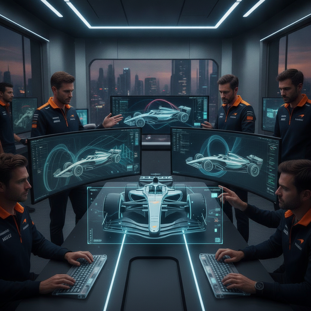 Des ingénieurs McLaren F1 travaillant sur la conception aérodynamique d'une voiture de Formule 1 2026.