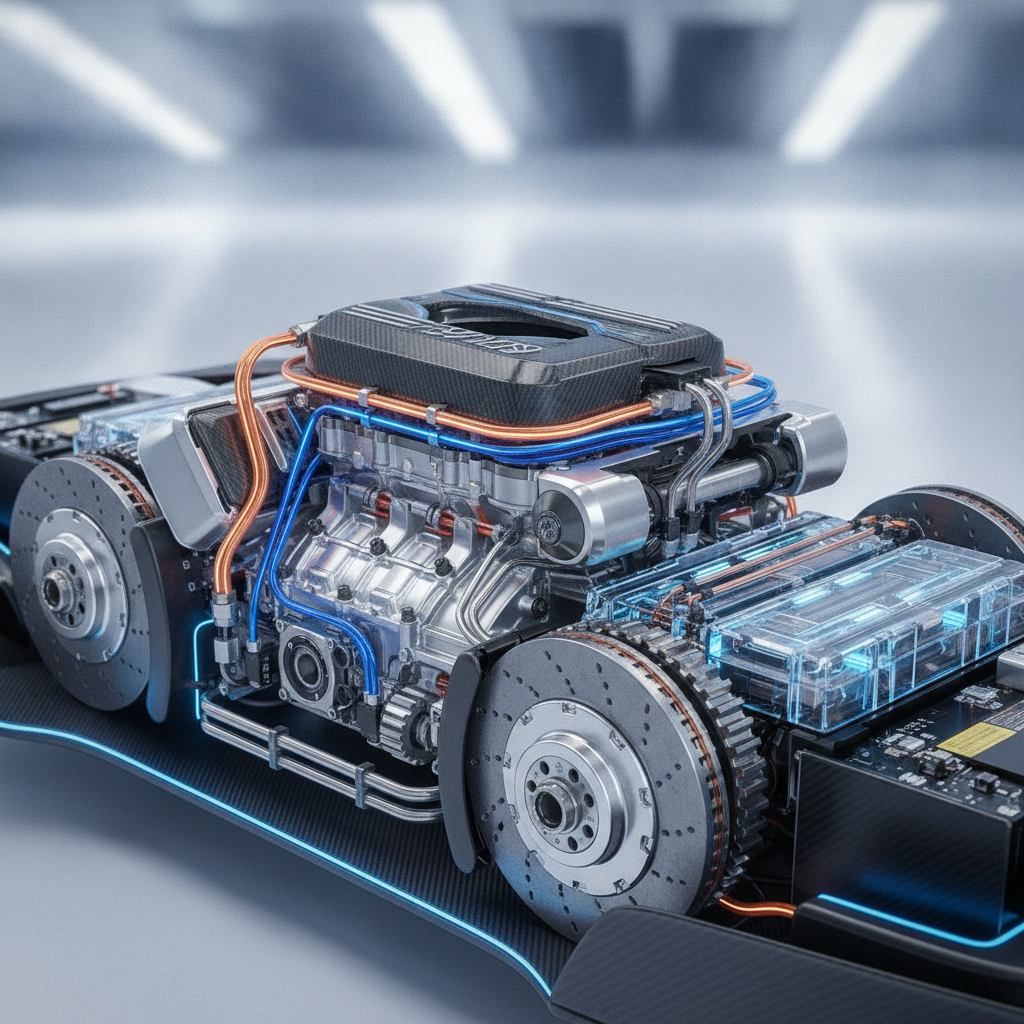 Vue détaillée d'un moteur hybride McLaren, montrant l'intégration complexe du moteur V6 et des composants électriques.