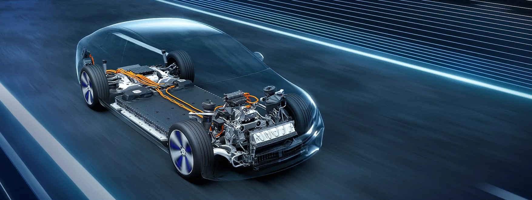 Vue dynamique et détaillée d'un groupe motopropulseur électrique Mercedes-AMG, mettant en évidence les moteurs électriques compacts intégrés à la transmission.