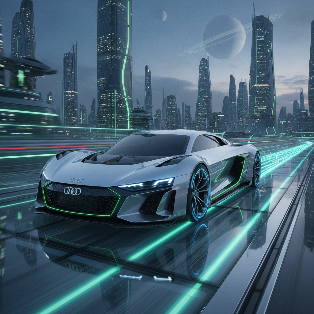 Une supercar Audi futuriste, de couleur foncée, avec des phares à LED perçants et des accents bleus lumineux symbolisant la technologie hybride, roulant sur une piste.